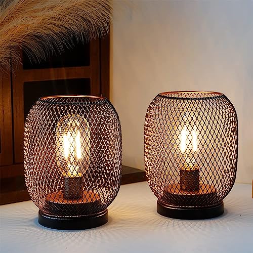 JHY DESIGN ‎Gold Schwarz Tischlampe Batteriebetrieben Set 2 Metall Nachttischlampe mit LED Vintage Glühbirne Batterie Tischleuchte für Schlafzimmer Wohnzimmer Hochzeit Party Innen Außen(Runde Form) von JHY DESIGN