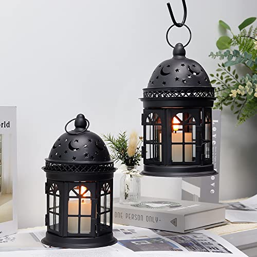 JHY DESIGN Hängend Nacht Laternen 21cm Hoch 2er Set Metall Kerzenhalter Vintage Glass Gartenlaterne für Hochzeit Outdoor Wohnzimmer Garten Balkon Innen Schlafzimmer Valentinstag Draußen (Schwarz) von JHY DESIGN