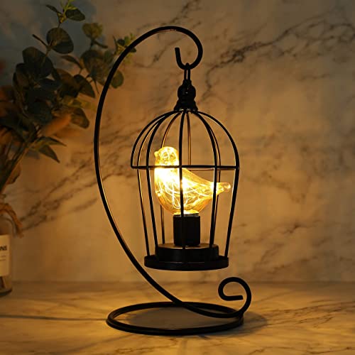 JHY DESIGN Hängend Vogelkäfig Birne Lampe Batteriebetrieben, 31cm Hoch Schnurloses Tischleuchte Deko Kabellos Metall Batterie Tischlampe für Wohnzimmer Schlafzimmer Party Hochzeit Garten (Schwarz) von JHY DESIGN