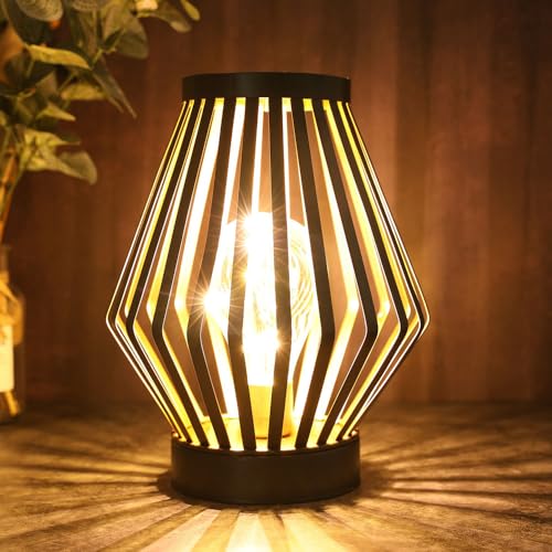 JHY DESIGN LED Metallkäfig Tischlampe Batteriebetriebene 22cm hoch LED Laterne SchreibtischLampe Kabellos Käfig Nachttischlampe für Terrasse Schlafzimmer Hochzeiten Party Innen (Bronze, Diamantform) von JHY DESIGN