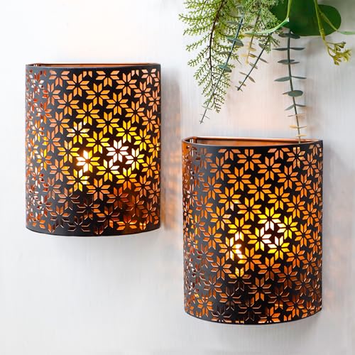 JHY DESIGN Set mit 2 Batteriebetriebenen Lampen 20 cm Hoch Wandleuchte Metall Rustikale Wandleuchte mit 6-Stunden-Timer für Wohnzimmer Schlafzimmer Flur Treppe (Braune Schneeflocke) von JHY DESIGN
