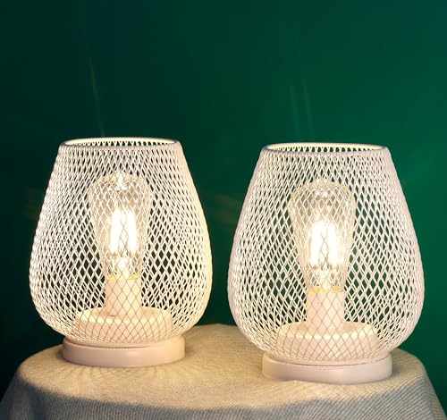 JHY DESIGN Set mit 2 LED-Laternen aus Metallkäfig Batteriebetrieben Kabellos Akzentlicht Batterie Lampe mit LED ideal für Hochzeiten Partys Patio-Events für Drinnen und draußen (Weiß) von JHY DESIGN