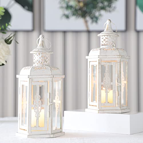 JHY DESIGN Deko Hängende Kerze Laternen, 25cm Hohe 2er-Set Laterne Metall Kerzenhalter Vintage Kerzelaternen für Aufhängen Oudoor Indoor Hochzeit Garten Wohnzimmer Wand (Weiß mit Goldpinsel) von JHY DESIGN