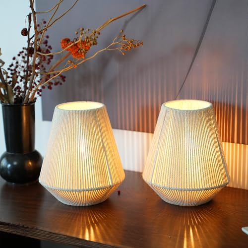 JHY DESIGN Set mit 2 gewebten Lampenschirmen Tischlampen 21 cm hoch Baumwollseil Nachttischlampen Kabellose dekorative batteriebetriebene Lampen mit 6-Stunden-Timer für Schlafzimmer Wohnzimmer von JHY DESIGN