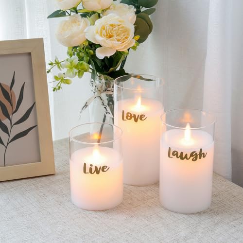 JHY DESIGN Set mit 3 Glaswachs-Batteriekerzen Moving Flame LED Kerzen Flackernde elektrische Flammenlose Kerzen echtem Wachs mit 6-Stunden-Timer für Party Hochzeit Weihnachten(LIVE LOVE LIFE) von JHY DESIGN