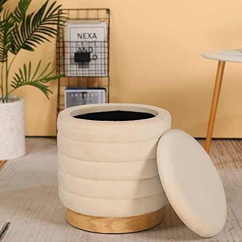 JHY DESIGN Sitzhocker Zylindrischer Schminkhocker Sitztruhe Samt Rund Puff Sitzfläche Pouf Hocker mit Stauraum Sitzbank für Modern Wohnzimmer Balkon Schlafzimmer Flur (Beige, Gestreifte Linie) von JHY DESIGN