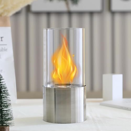 Tragbarer Tischkamin mit zylindrischem Glas 25cm hoch Tischfeuerschale Topf Saubere Verbrennung Bio Ethanol Ventless Kamin für Indoor Outdoor Patio Parties (Silber) von JHY DESIGN