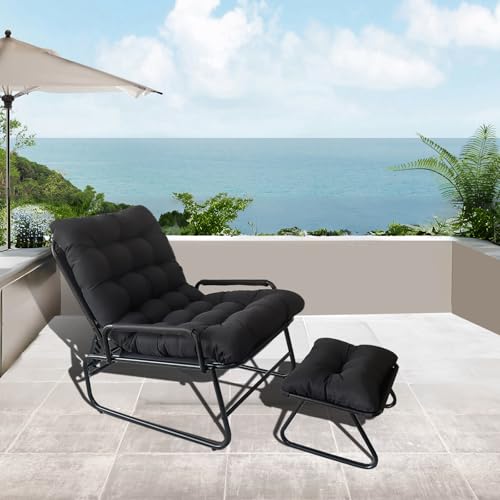 JHYCCDD Relaxstuhl, Bequemer Sessel mit Gepolsterter, Lesesessel mit Hocker, Recliner Chair Verstellbare Rückenlehne, Sessel Outdoor, fernsehsessel mit liegefunktion für Wohnzimmer, Büro (Schwarz) von JHYCCDD