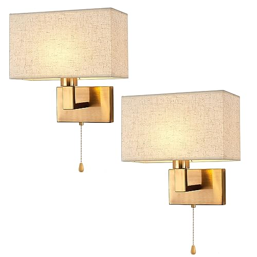 JHYPVII 2 Stücke Schlafzimmer Wandlampe Gold mit Zugschalter Wandleuchte Innen Modern mit Stoff-Schirm 2 x E27-Fassung Bettlampe Wand, Für Hotel Treppen Bedside Flur, Ohne Leuchtmittel von JHYPVII