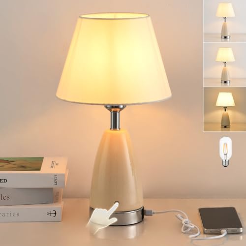 JHYPVII Akku Keramik Tischlampe Weiß Stoff Lampenschirm, E27 Touch Dimmbar Tischleuchte für Nachttisch, Boho Kabellos Keramik Lampe mit USB A+C Aufladbar, für Schlafzimmer Wohnzimmer Beistelltisch JHYPVII Akku Keramik Tischlampe Weiß Stoff Lampenschirm, E27 Touch Dimmbar Tischleuchte für Nachttisch, Boho Kabellos Keramik Lampe mit USB A+C Aufladbar, für Schlafzimmer Wohnzimmer Beistelltisch von JHYPVII