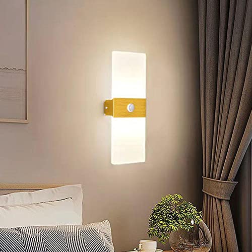 JHYPVII Innen Wandleuchte mit Bewegungsmelder LED Modern Wandlampe Nachtlicht Gold Wandbeleuchtung Aluminium Warmweiß 3000K, für Wohnzimmer Schlafzimmer Büro Flur Treppe von JHYPVII