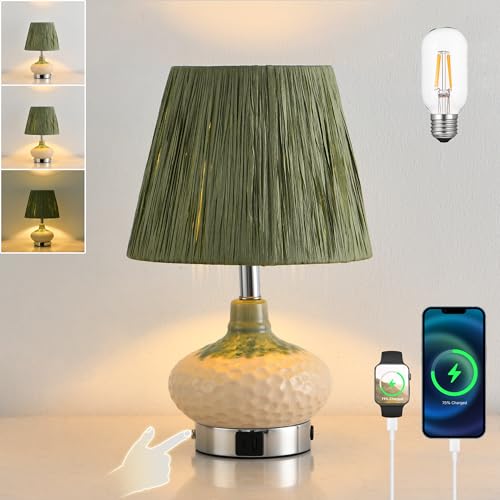 JHYPVII Kabellose Keramik Tischlampe mit Touch Dimmbar, E27 Batteriebetriebe Tischleuchte mit Ladefunktion USB A+C Anschlüssen Grün Lampeschirm Tragbare Nachttischlampe für Schlafzimmer Wohnzimmer JHYPVII Kabellose Keramik Tischlampe mit Touch Dimmbar, E27 Batteriebetriebe Tischleuchte mit Ladefunktion USB A+C Anschlüssen Grün Lampeschirm Tragbare Nachttischlampe für Schlafzimmer Wohnzimmer von JHYPVII