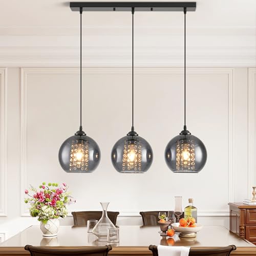 JHYPVII Glas Pendelleuchte Esstisch 3 Flammig Schwarz Metall Esszimmerlampe Hängend Rauchgrau Glaskugel Pendellampe Höhenverstellbar mit Kreative Kristall Design E27 Hängelampe für Küchen Wohnzimmer von JHYPVII
