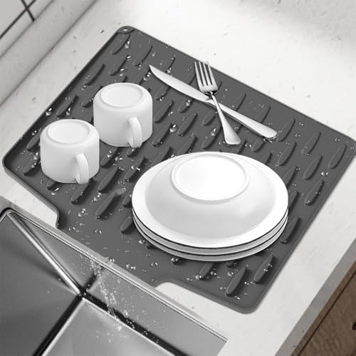 Abtropfmatte Geschirr Faltbar, 40 cm x 32 cm Silikon Abtropfmatte Spüle, Dish Drying Mat, Hitzebeständig, Rutschfest Dish Drying Mat für die Küche (Black) von JIABAOZ