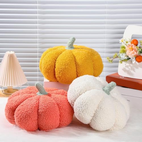 JIABAOZ 3 Stücks Kürbis Kissen Herbstdeko Innen Pumpkin Pillow Plüsch Autumn Fall Decor 3D Kürbisoptik Kürbiskissen für Erntedankfest Weihnachten Gefüllte Zierkissen Sofakissen (3C) von JIABAOZ
