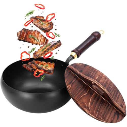 JIABAOZ Japanische Eisenpfanne, Handgefertigte Unbeschichtete Antihaftpfanne aus Reinem Eisen, Bratpfanne aus Hochreinem Eisen mit Holzdeckel, für Gasherd Und Induktionsherd (9.4in) von JIABAOZ