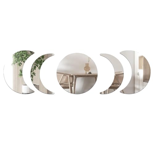 5 Stück Mond Spiegel Aufkleber Selbstklebend, Wanddeko Boho Inklusive Rund Spiegel Aufkleber und Halbmond Spiegelfliesen, Rahmenlose Mond Wandsticker Wanddeko Boho für Wohnzimmer Schlafzimmer von Jiayaus