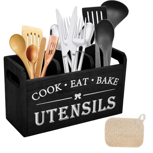 JIABEIUS Küchenutensilienhalter für Küchentheke, groß, 2 Fächer, Holz-Utensilien-Organizer mit Abtropfgestell, schwarz, abnehmbar, Besteckkorb, Aufbewahrung von Kochutensilien JIABEIUS Küchenutensilienhalter für Küchentheke, groß, 2 Fächer, Holz-Utensilien-Organizer mit Abtropfgestell, schwarz, abnehmbar, Besteckkorb, Aufbewahrung von Kochutensilien von JIABEIUS
