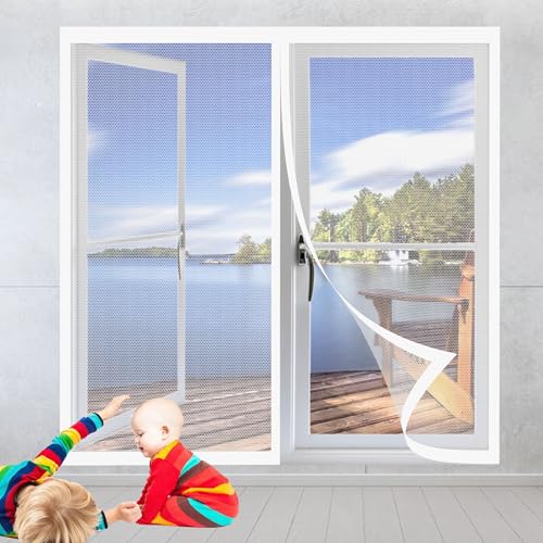 Fliegengitter Fenster Magnet 101 x 90 cm Insektenschutz Magnet Fenster Fliegenvorhang Ohne Bohren Atmungsaktiv Selbstschließend für Terrasse Schlafzimmer Usw., Weiß von JIAFANG
