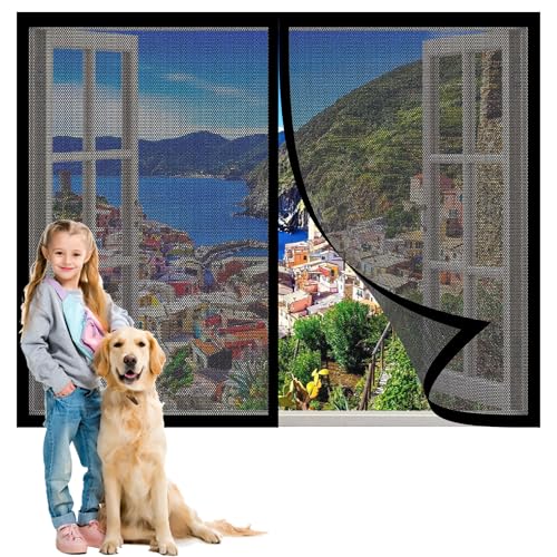 Insektenschutz für Fenster Und Türen 143 x 194 cm Insektenschutz Selbstklebendes Fliegengitter für Fenster Ohne Bohren mit Selbstklebendes Klettband für Alle, Schwarz von JIAFANG
