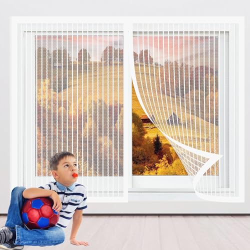 Insektenschutz für Fenster mit Magnet 144 x 64 cm Insektenschutz Magnet Fliegenvorhang Ohne Bohren Kinderleichte Montage für Alle Universalfenster, Weiß von JIAFANG