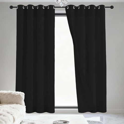 JIAFANG Gardinen Blickdicht 206 x 115 cm Isolierend Kälteschutz Sonnenschutz Modern Schlaufenschal/Ösenschal Vorhang mit Ösen, Waschbar für Schlafzimmer Kinderzimmer, Schwarz von JIAFANG