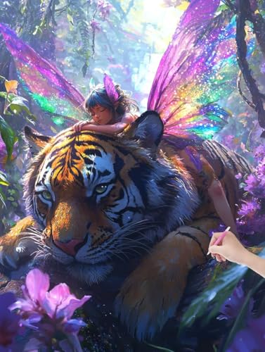 Diamond Painting Erwachsene Tiger, DIY Engel Diamond Painting Eckige Steine Set, Diamant Kunst Bilder für Anfänger, Diamant Malerei Bastelset Erwachsene für Zimmer Wand Deko, Geschenke, 50x70 cm, D-99 von JIAGUANG