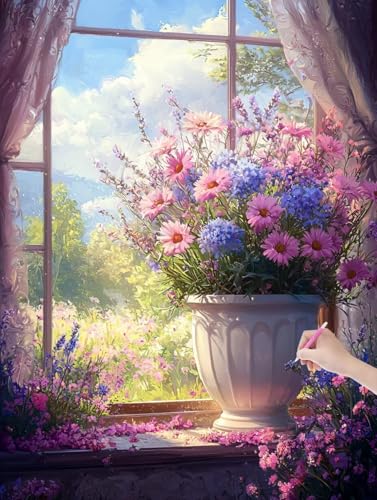 Diamond Painting Fenster, DIY Diamant Painting Bilder Blumen für Erwachsene Anfänger, Vollbohrer Diamant Malerei Eckige Steine als Geschenke Weihnachten, Diamond Bastelset für Wanddeko 90x120 cm, L-44 von JIAGUANG