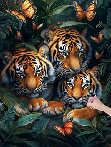 Diamond Painting Tiger, DIY Diamant Painting Bilder Schmetterling für Erwachsene Anfänger, Vollbohrer Diamant Malerei Eckige Steine als Geschenke Weihnachten, Bastelset für Wanddeko, 60x80 cm, D-36 von JIAGUANG