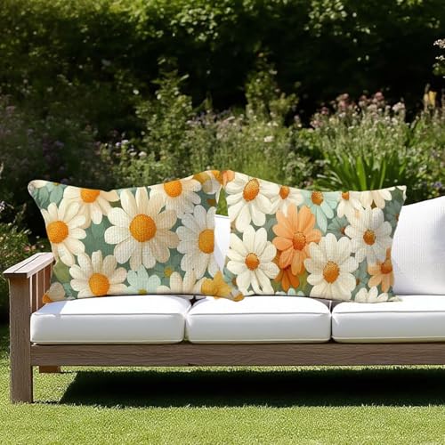 Outdoor Kissen Wetterfest Outdoor Kissen 2er set Kissenbezug 30 x 50 Salbeigrün Leinen Kissenbezug Sofakissen für Deko Wohnzimmer Kopfkissenbezug Zierkissen Geschenke für Frauen (Gänseblümchen) E-80 von JIAGUANG