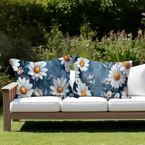 Outdoor Kissen Wetterfest Outdoor Kissen 2er set Kissenbezug 50 x 80 Blau Leinen Kissenbezug Sofakissen für Deko Wohnzimmer Kopfkissenbezug Sofa Zierkissen Geschenke für Frauen (Gänseblümchen) E-56 von JIAGUANG