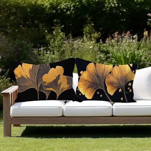 Outdoor Kissen Wetterfest Outdoor Kissen 2er set Kissenbezug 50 x 80 Schwarz Leinen Kissenbezug Sofakissen für Deko Wohnzimmer Kopfkissenbezug Sofa Zierkissen Geschenke für Frauen (Blätter) F-81 von JIAGUANG