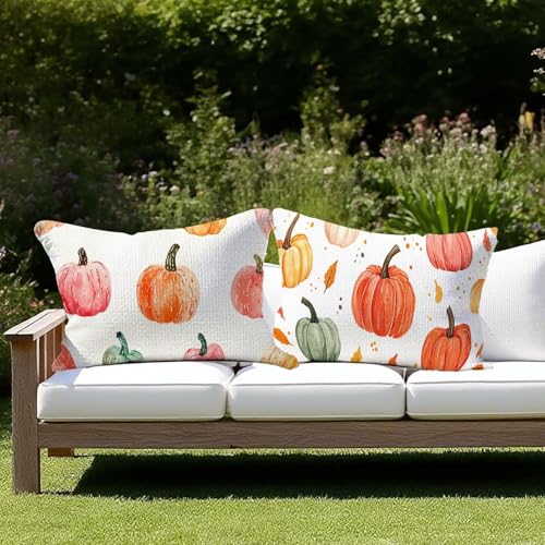 Outdoor Kissen Wetterfest Outdoor Kissen 2er set Kissenbezug 50 x 80 Weiß Leinen Kissenbezug Sofakissen für Deko Wohnzimmer Kopfkissenbezug Zierkissen Kissenhüllen Geschenke für Frauen (Kürbis) G-2 von JIAGUANG