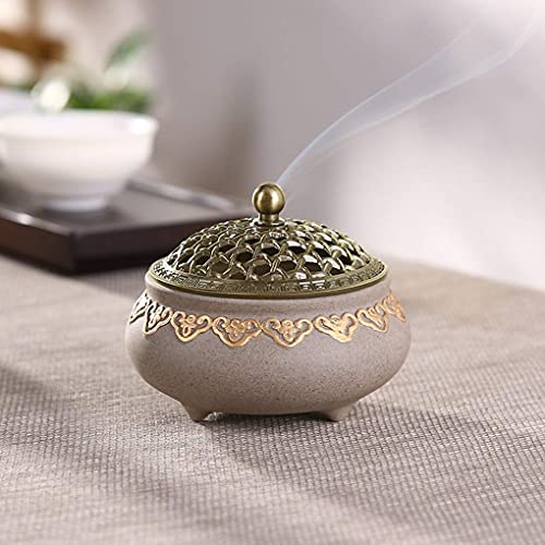 Weihrauchbehälter Retro Weihrauchbrenner Exquisiter Räuchergefäß Räucherstäbchenhalter Räucherschale für Hause Büro Yoga Dekoration, mit Metall Deckel und Feuerfeste Matte von JIAHG