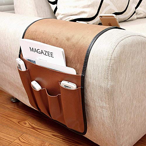 Sofa Armlehne Organizer Betttasche PU Leder Couch Stuhl Aufbewahrungstasche Anti-Rutsch Nachttisch Tasche Sofa-Bett Hängeaufbewahrung für Buch, Zeitschriften, Handy, Fernbedienung von JIAHG