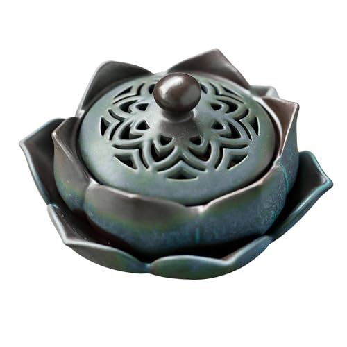 Weihrauchbehälter Retro Weihrauchbrenner Exquisiter Räuchergefäß Räucherstäbchenhalter Räucherschale für Hause Büro Yoga Dekoration, mit Metall Deckel und Feuerfeste Matte (Grün,Lotus-Form) von JIAHG