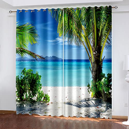 Vorhang Blickdicht Ösenschal Verdunkelungsvorhang 3D Digitaldruck Küstenstrand Gardinen Kinderzimmer Wohnzimmer Thermovorhang Ösenvorhänge 2Er Set 234X230cm (BxH) von JIAJIABAIHUO