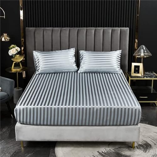 JIALIU Bettdecke mit elastischem Queen-Size-Spannbettlaken aus Polyester-Satin-Matratzenbezügen für Doppelbettstreifen (kein Kissenbezug) von JIALIU