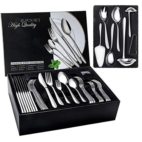 JIALONGDA 48-teiliges Besteckset, Edelstahl-Besteckset für 8 Personen mit Besteck-Servierset 10-teilig bestehend aus Messer, Gabel, Löffel, Besteck-Serviergerät, polierter Edelstahl, glänzend, spülma von JIALONGDA