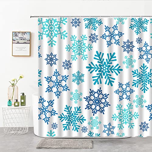 JIAMELUCK Blaue Schneeflocke Winter Weiß Hintergrund Duschvorhänge Dekor Polyester Badezimmervorhang mit Haken Badewanne Screens 180x190cm (71 "Bx75 H) von JIAMELUCK