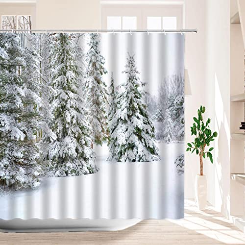 JIAMELUCK Kiefernwald Schneelandschaft Landschaft Duschvorhang Stoff Winter Naturlandschaft Badezimmervorhänge für Badezimmer 200x240cm (79 "Bx94 H) von JIAMELUCK