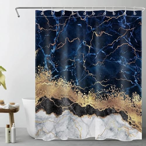 JIAMELUCK Marmor-Duschvorhang, blau, abstrakt, luxuriös, golden, Duschvorhänge für Badezimmer, Vorhang, wasserdichter Stoff, 120 x 220 cm (47" B x 87" H) von JIAMELUCK