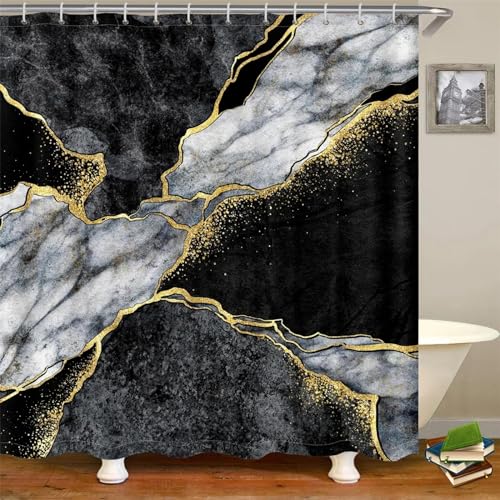 JIAMELUCK Moderner Marmor-Duschvorhang aus schwarzem und weißem Polyester für Badezimmerdekoration, Bad, wasserdichter Stoff mit Haken, 110 x 220 cm (43" B x 87" H) von JIAMELUCK