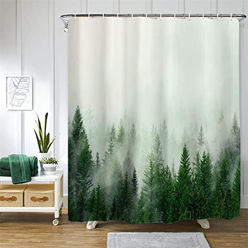 JIAMELUCK Nebel Wald Landschaft Grün Duschvorhang Druck Baum Extra Langer Duschvorhang Badvorhang mit Haken 110 x 200 cm (43" B x 79" H) von JIAMELUCK