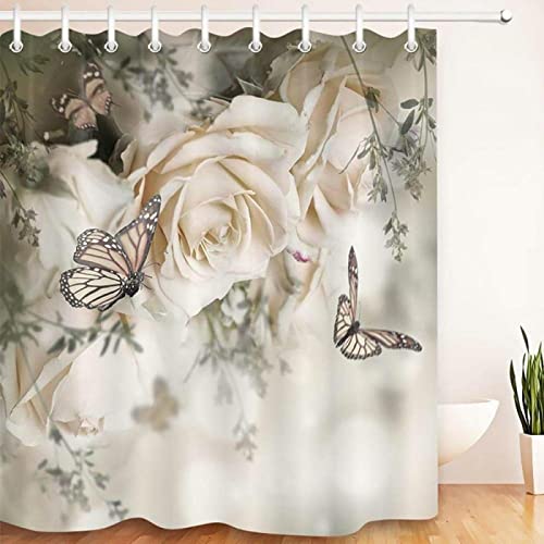 JIAMELUCK Weiße Rose Blumen Pflanze Schmetterling Duschvorhang Blumenlandschaft Nordic Home Badezimmer Dekor wasserdichte Vorhänge 120x220cm (47 "Bx87 H) von JIAMELUCK