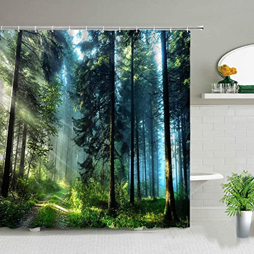 Moderner Druck Grüne Pflanze Baum Landschaft Duschvorhänge Wald Bambus Landschaft Bad Vorhang Set Für Badezimmer Dekor 100x200cm(39" Wx79 H) von JIAMELUCK