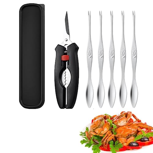 JIAMIAN Rostfreier Stahl Schalenfisch-Utensilien-Set, 6-teiliges Meeresfrüchte-Werkzeugset enthält 1 Meeresfrüchte-Scheren, 5 Meeresfrüchte-Gabeln und Aufbewahrungsbox von JIAMIAN