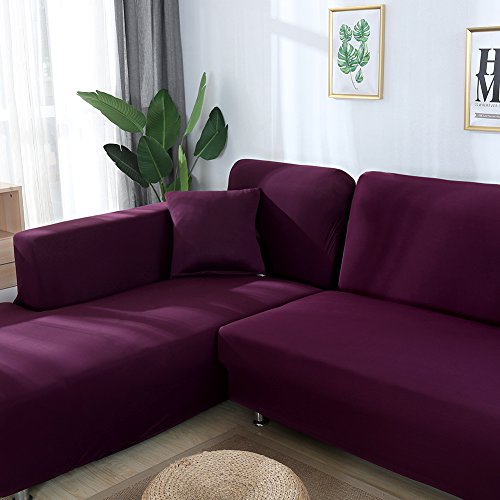 JIAN YA NA Sofabezug, dehnbar, für Ecksofa, aus Polyester, dehnbare Bezüge für L-förmiges Sofa + 2 Kissenbezüge (rote Beere, 2-Sitzer + 3-Sitzer) von JIAN YA NA