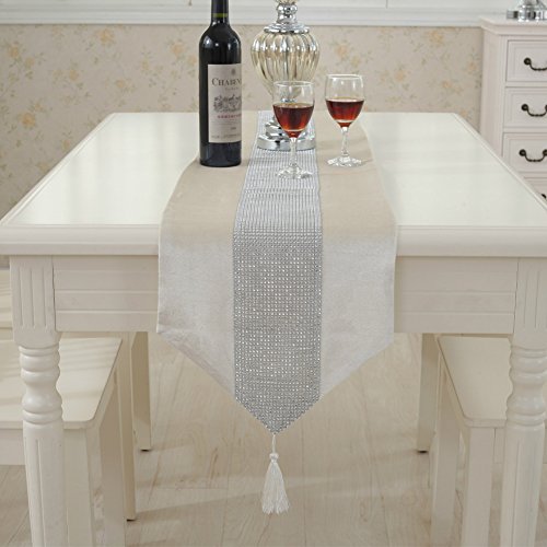 jianyana Table Runner Handgefertigte natürliche Tischdecke im eleganten Stil mit Diamante-Streifen und Quasten für Hochzeiten und Feiertage von jianyana
