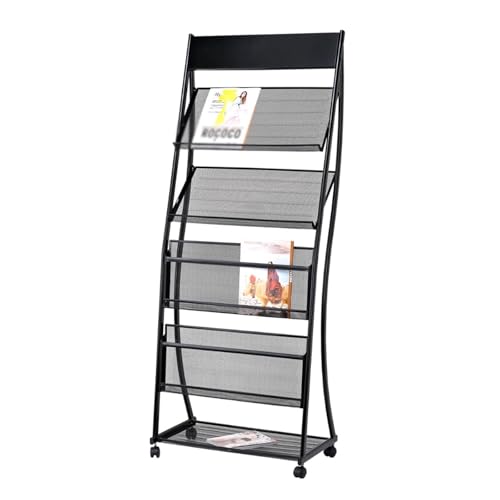 JIANBOHAIRS Zeitschriftenständer Prospektständer, bodenstehend, 4-lagig, mit Rädern, Prospektständer, Informationsständer aus hochhartem Metall, mobiler Werbezeitungsständer(Black) von JIANBOHAIRS
